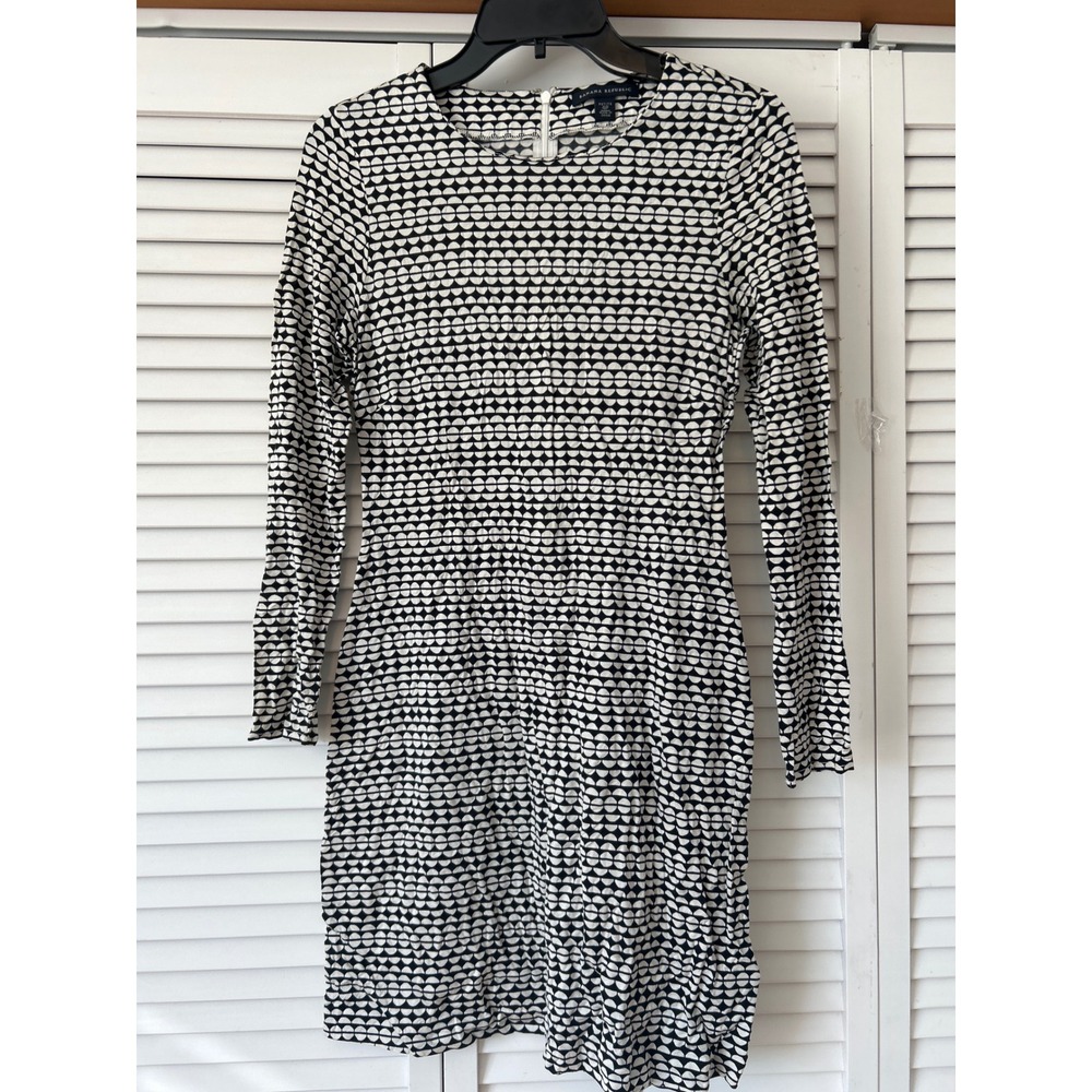 Banana Republic Silk Petite 4P Black White Geometric Print Long Sleeve‎ Dress